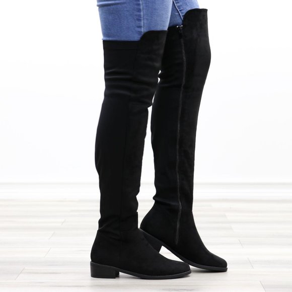 Thigh High Suede & Stretchy Material Low Heel Boot - Picture 5 of 14